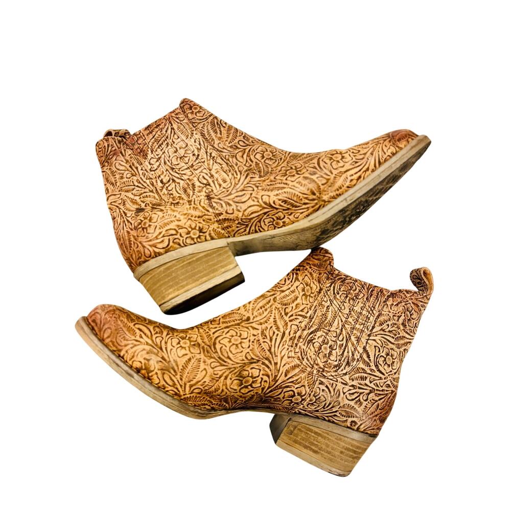 Circle G Women's Floral Embossed Leather Ankle Boots Brown Western Boho Size 10